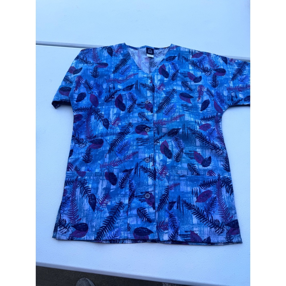 Barco Uniforms Womens Blue Purple Leaf Print Button Front Scrub Top XS 51476